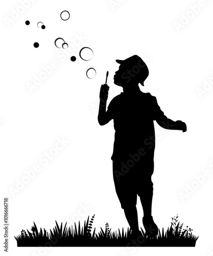 Children and pets silhouettes on white background. Little boy playing with soap bubbles. Vector illustration.	
