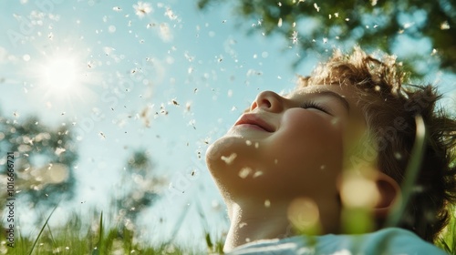 A cheerful child lies on the grass, enjoying the warmth of the sun as dandelion seeds float around, capturing a moment of pure joy and freedom in nature.
