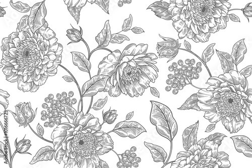 Flowers peonies. Seamless floral pattern.Vintage Vector
