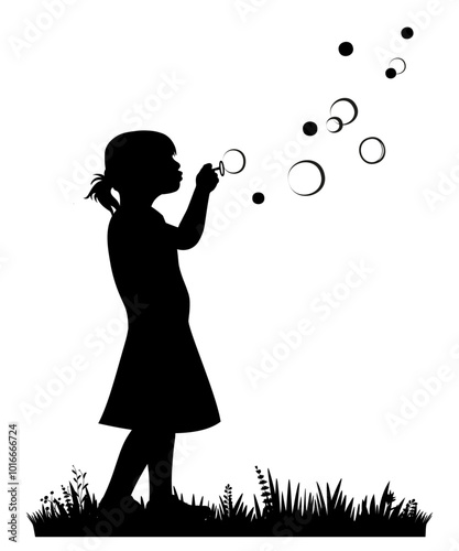 Children and pets silhouettes on white background. Little girl playing with soap bubbles. Vector illustration.	
