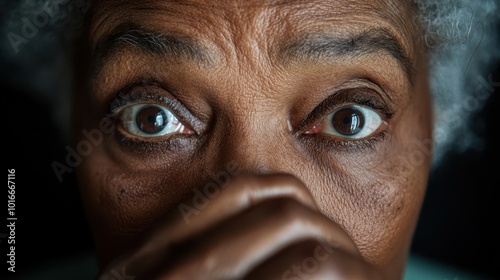 An elderly woman expresses mild surprise as her hand is near her nose, showcasing vivid emotion and alertness, captured in a richly detailed and dynamic close-up. photo