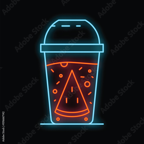 Neon sign representing a watermelon juice in a plastic cup with a straw, on a black background