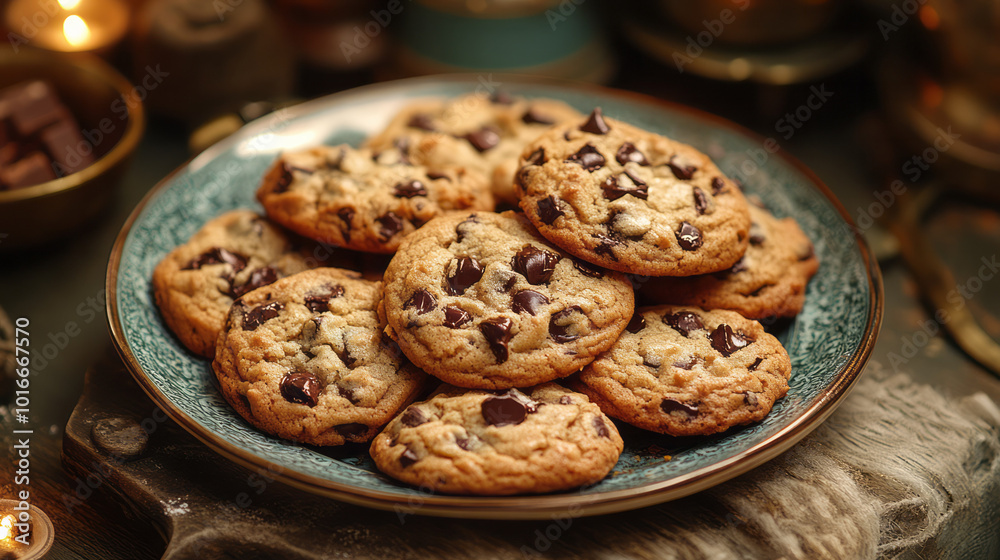 A cozy scene with a plate of freshly baked chocolate chip cookies, A cozy scene with a plate of freshly baked chocolate chip cookies,