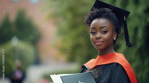 A young Black student in graduation attire, proudly holding her diploma, looking confidently toward her future, blurred university in the background photo