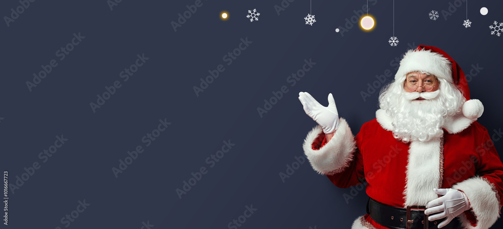 Santa Claus with Welcoming Gesture and Snowflake Icons on purple Background Santa Claus with Welcoming Gesture and Snowflake Icons on purple Background