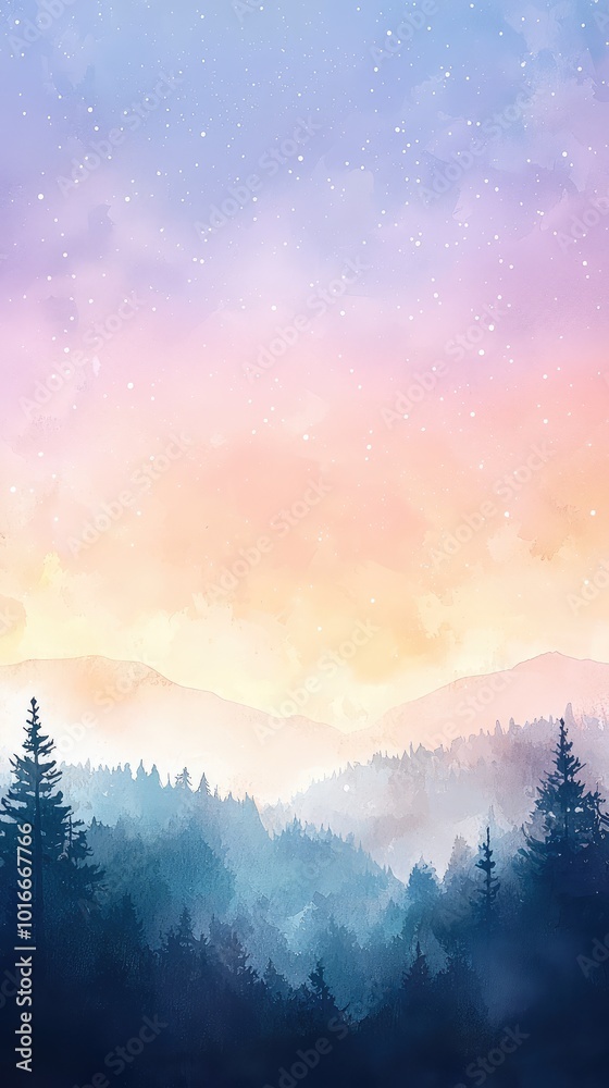 Fototapeta premium A tranquil landscape with layered mountains and a colorful sky at sunset, creating a serene and picturesque atmosphere.