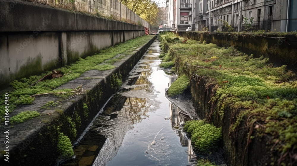 A narrow concrete channel with water flowing through it. Moss and greenery are growing on the sides, and the reflection of the surrounding buildings can be seen in the water. A narrow concrete channel with water flowing through it. Moss and greenery are growing on the sides, and the reflection of the surrounding buildings can be seen in the water.