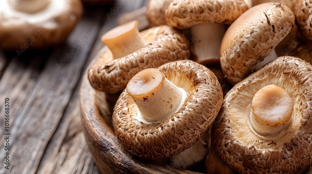 Assortment of Fresh Whole Brown Mushrooms on Rustic Wooden Background Assortment of Fresh Whole Brown Mushrooms on Rustic Wooden Background