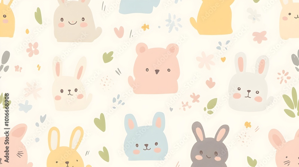 Fototapeta premium Pastel-Colored Kawaii Animals in Seamless Playful Pattern
