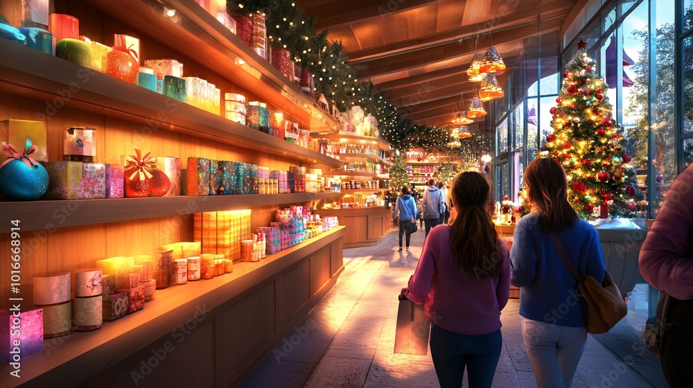 Vibrant Holiday Shopping Experience in a Festive Store with Colorful Decor Vibrant Holiday Shopping Experience in a Festive Store with Colorful Decor