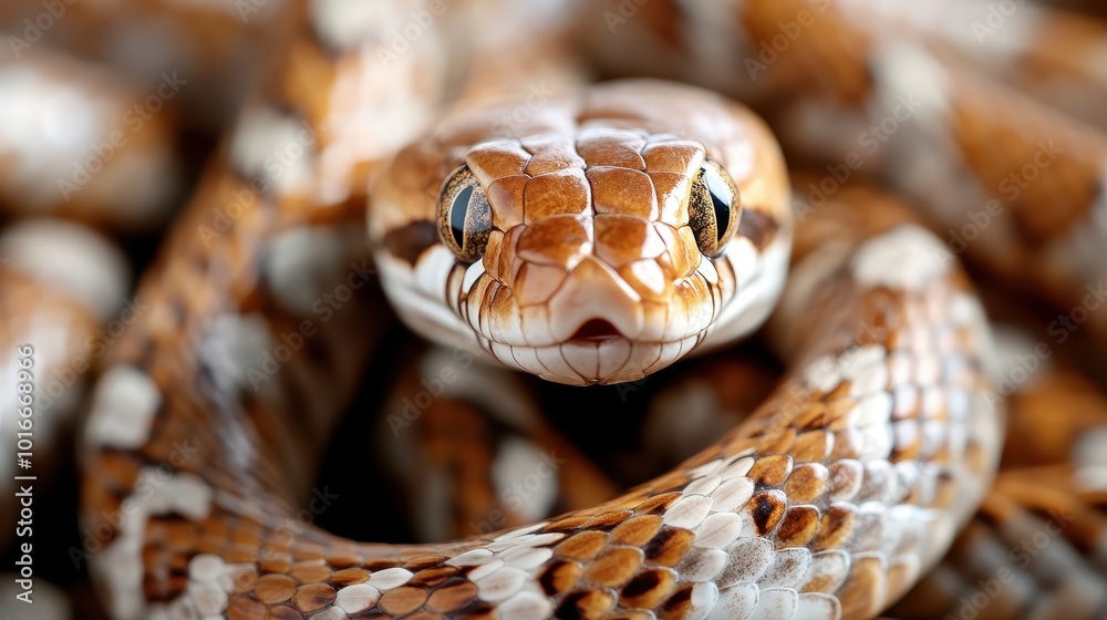 A detailed image showcasing the close-up of a snake, its intricate patterns and piercing eyes catching attention, representing danger and mystery in nature's artwork. A detailed image showcasing the close-up of a snake, its intricate patterns and piercing eyes catching attention, representing danger and mystery in nature's artwork.