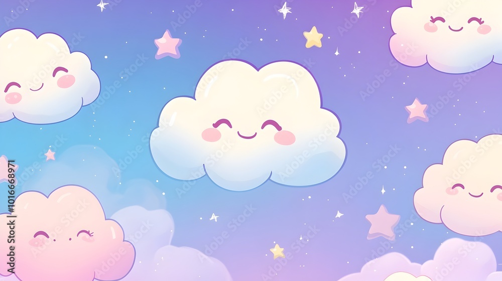 Chubby Kawaii Clouds and Starry Pastel Sky in Dreamy Repeating Pattern Chubby Kawaii Clouds and Starry Pastel Sky in Dreamy Repeating Pattern