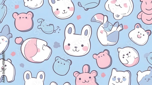 Pastel Kawaii Animals in Seamless Repeating Pattern for Cute and Playful