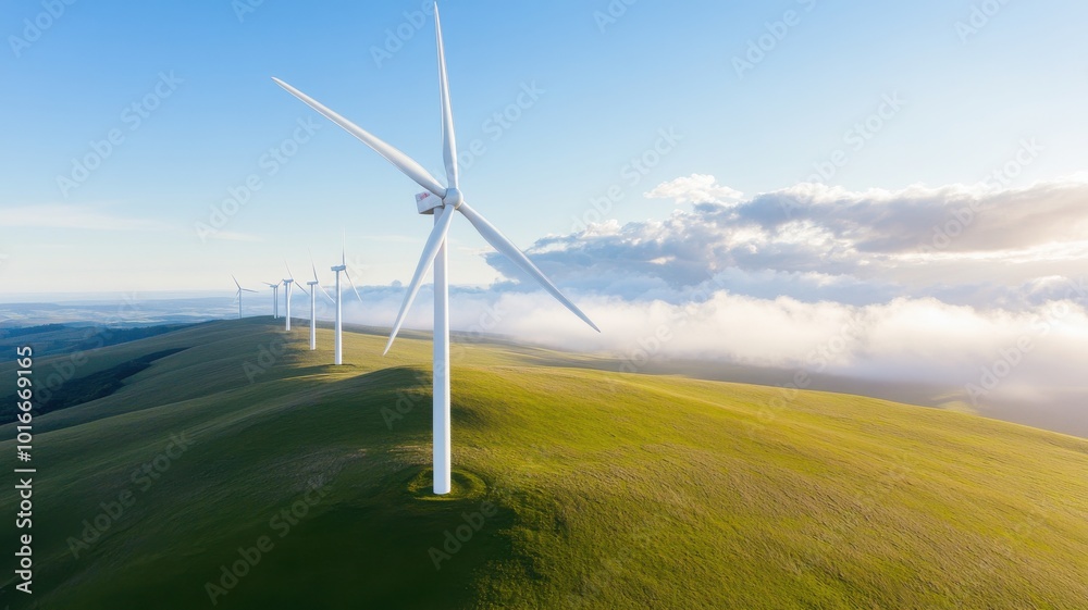 A scenic view of wind turbines spinning in a lush green landscape under a clear blue sky, symbolizing renewable energy and sustainability.