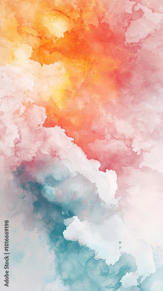Fototapeta premium A vibrant abstract watercolor background featuring shades of orange, pink, and blue blending harmoniously.