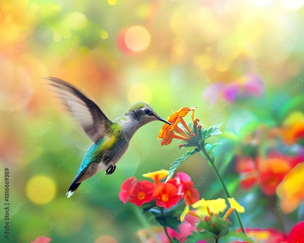 Fototapeta premium Hummingbird Sipping Nectar from Vibrant Flower in Colorful Garden with Blurred Wings