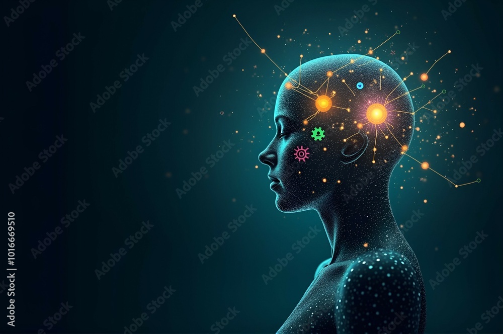 A womans head with glowing lights radiating out from it distinctively A womans head with glowing lights radiating out from it distinctively