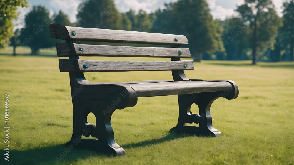 Traditional Park Bench in a green field. AI generated image, ai. Traditional Park Bench in a green field. AI generated image, ai.