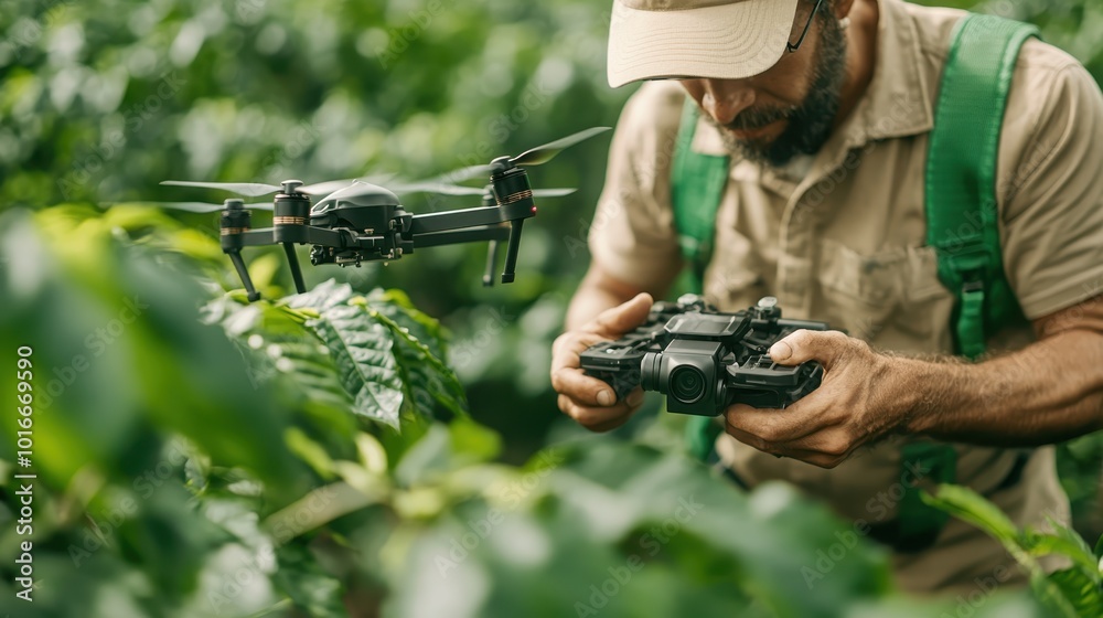 Fototapeta premium A man operates a drone amidst lush green fields, reflecting the harmony of human interaction with technology and nature, essential for modern agricultural practices.