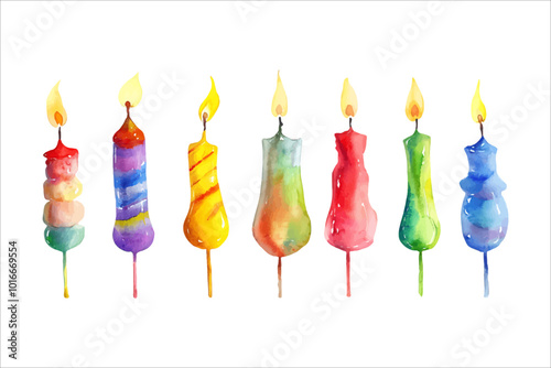 Set of vibrant watercolor candles for delightful birthday themes