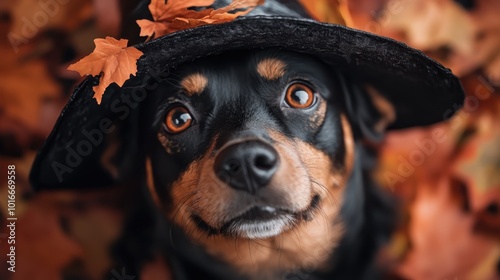 A charming dog wears a witch hat, surrounded by autumn leaves, capturing a warm and cozy atmosphere ideal for fall festivities and Halloween charm. photo