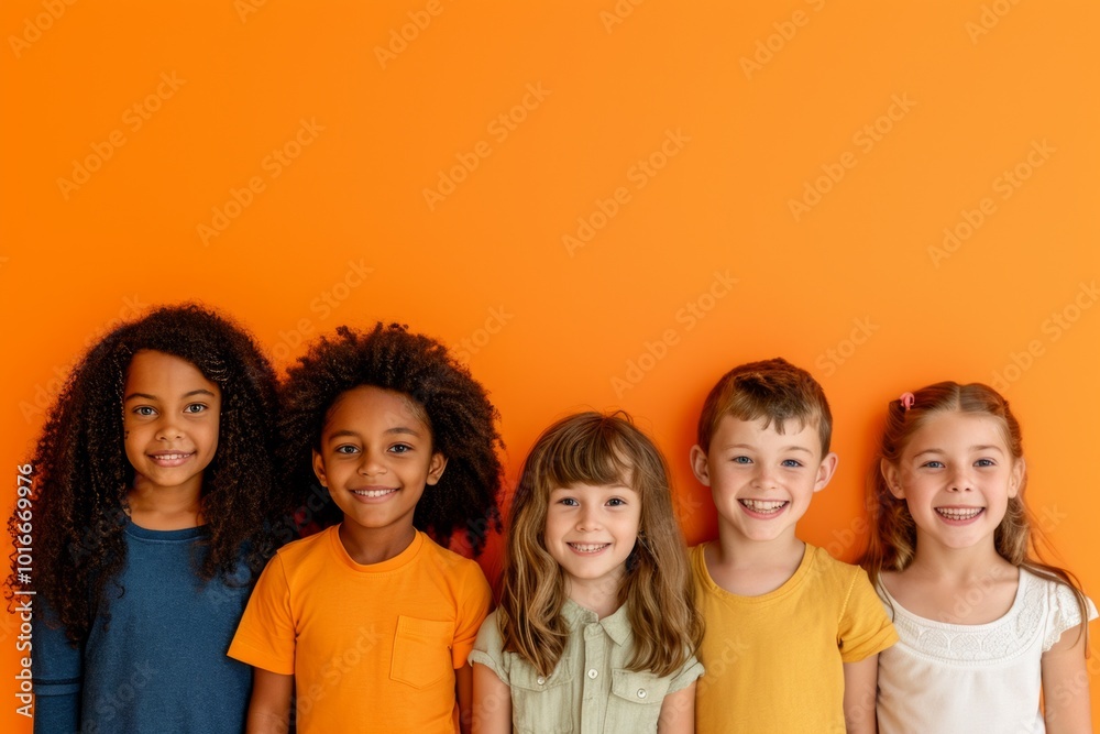 Group of kids smiling and looking at camera on orange background with copy space Group of kids smiling and looking at camera on orange background with copy space