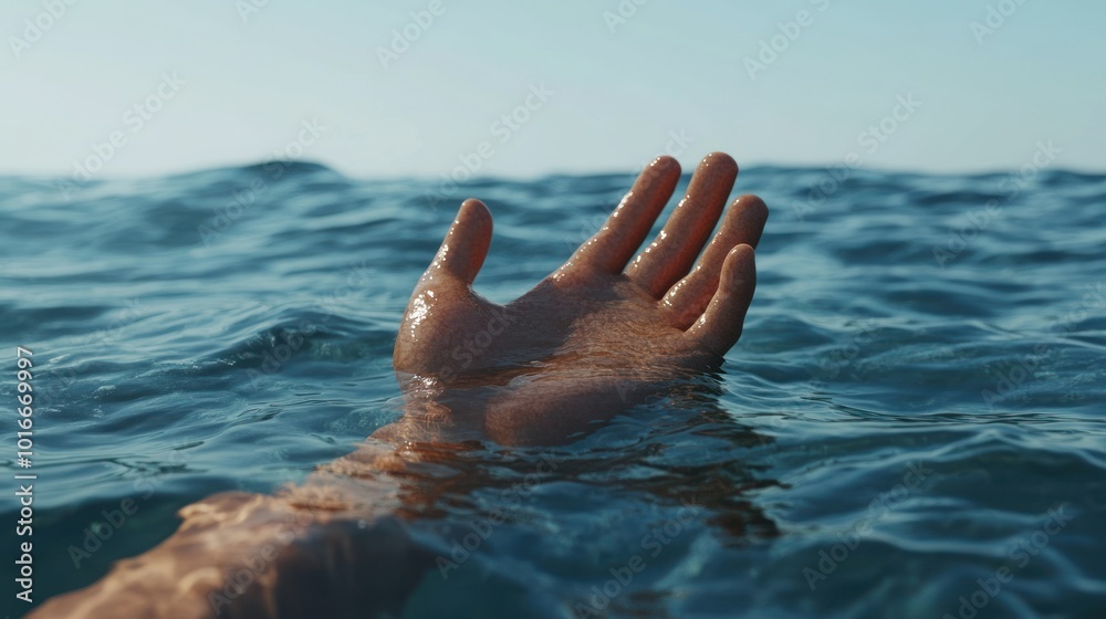 Fototapeta premium A hand reaching out from water, symbolizing longing or desperation.