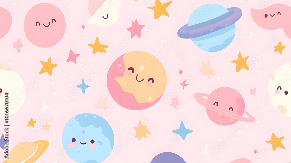 Soft Pastel Kawaii Planets and Stars Repeating Space Pattern Soft Pastel Kawaii Planets and Stars Repeating Space Pattern