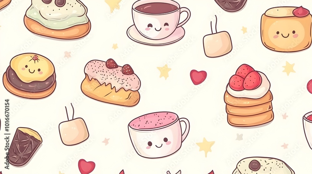 Adorable Kawaii Teacups and Pastries in Seamless Floral Pattern for Cozy Afternoon Tea Adorable Kawaii Teacups and Pastries in Seamless Floral Pattern for Cozy Afternoon Tea