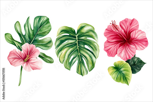 Set of vibrant watercolor tropical foliage with palm monstera hibiscus