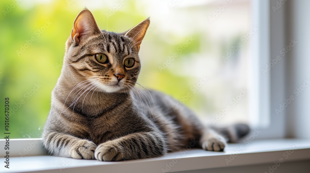 The grey tabby cat lounges comfortably on the windowsill, basking in the warm afternoon sunlight while observing the greenery outside, exuding tranquility and contentment The grey tabby cat lounges comfortably on the windowsill, basking in the warm afternoon sunlight while observing the greenery outside, exuding tranquility and contentment