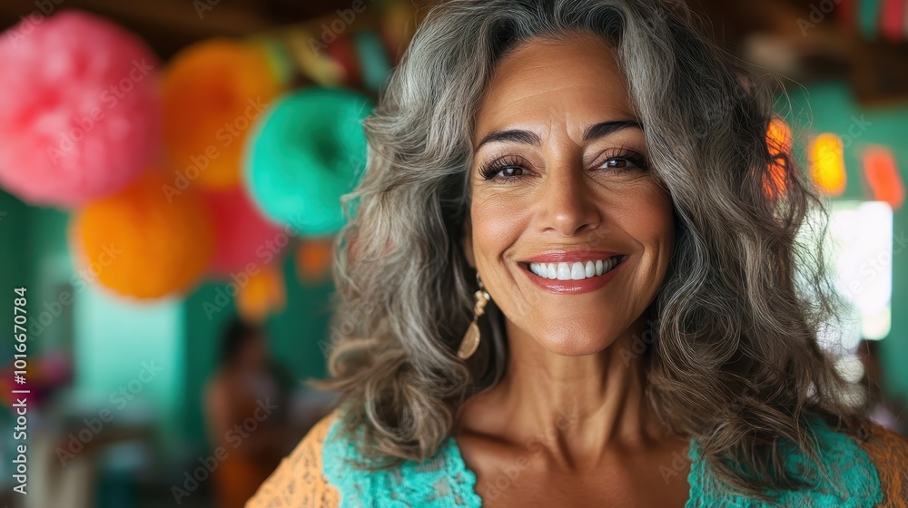 A joyful woman with curly grey hair stands against a vibrant, festive background of colorful decorations, radiating happiness and confidence. A joyful woman with curly grey hair stands against a vibrant, festive background of colorful decorations, radiating happiness and confidence.