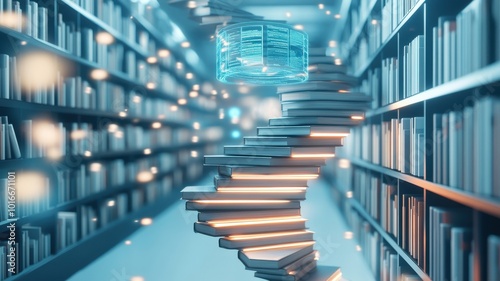 A surreal library scene featuring an illuminated spiral staircase made of books, blending knowledge with mysticism and modern technology.