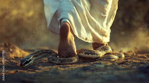 A male person wearing white robe and sandals, symbolizing Jesus Christ, stepping over the snake