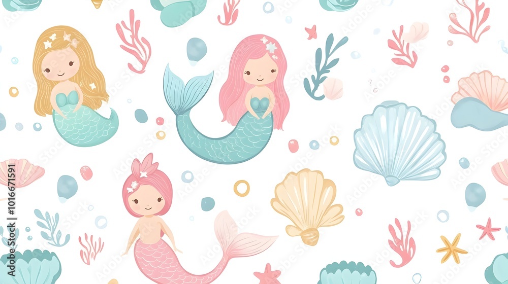 Kawaii Mermaids and Seashells in Pastel Ocean Seamless Pattern for Cute Undersea Adventure Kawaii Mermaids and Seashells in Pastel Ocean Seamless Pattern for Cute Undersea Adventure
