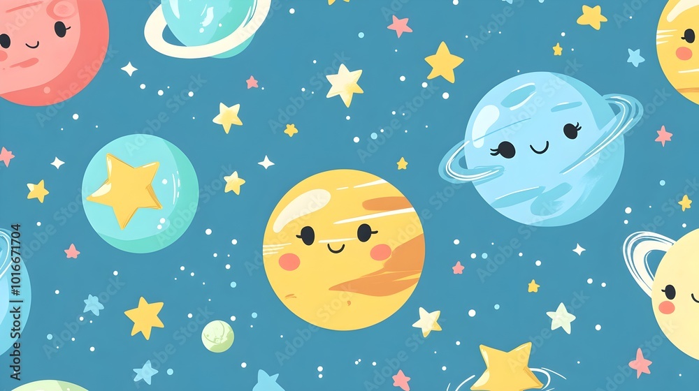 Whimsical Kawaii Planets with Cute Faces Orbiting Starry Cosmos Whimsical Kawaii Planets with Cute Faces Orbiting Starry Cosmos
