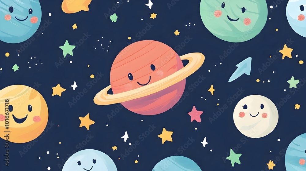 Whimsical Kawaii Planets With Cute Faces Orbiting Vibrant Stars In Playful Space Pattern Whimsical Kawaii Planets With Cute Faces Orbiting Vibrant Stars In Playful Space Pattern