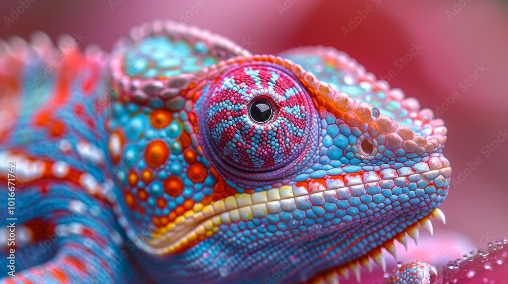 Obraz premium Close-Up Macro Image of a Vibrant Colorful Chameleon with Detailed Skin Patterns and Textures