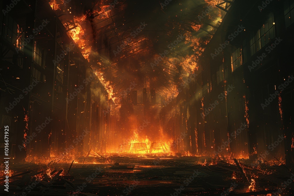 A fire is burning in a large, empty building A fire is burning in a large, empty building