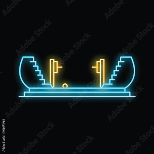 Glowing neon sign of a weightlifting arena with barbells and empty seats on a black background