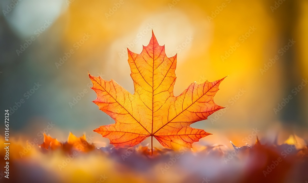 A vibrant autumn leaf stands prominently against a blurred background, showcasing warm hues of orange and gold amidst fallen foliage. A vibrant autumn leaf stands prominently against a blurred background, showcasing warm hues of orange and gold amidst fallen foliage.