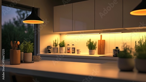 A modern kitchen with white counters and glowing lamps is shown in the evening.