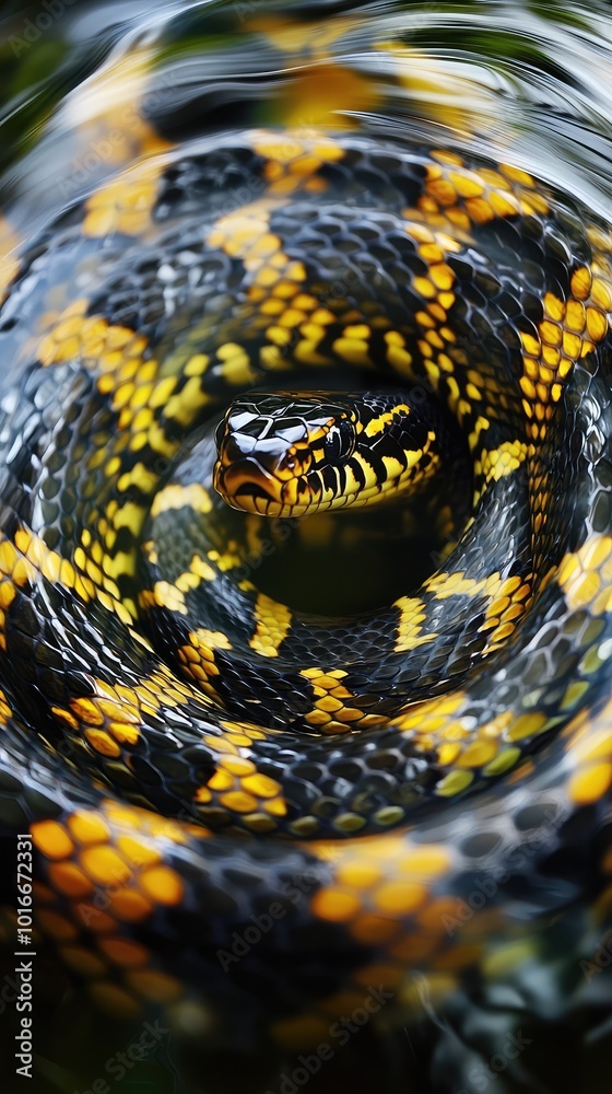 A vibrant snake with striking black and yellow patterns gliding through water, showcasing its beauty and elegance in nature. A vibrant snake with striking black and yellow patterns gliding through water, showcasing its beauty and elegance in nature.