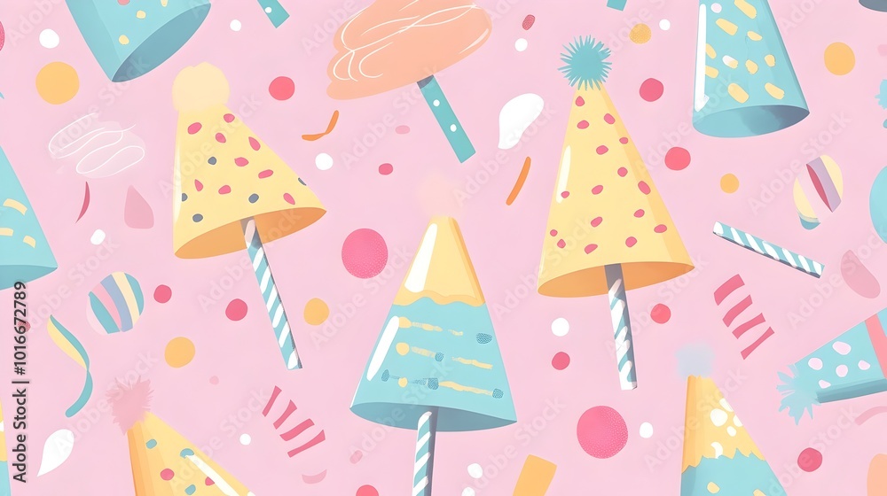 Fototapeta premium Cheerful Pastel Party Hats,Noisemakers,and Confetti in Repeating Pattern