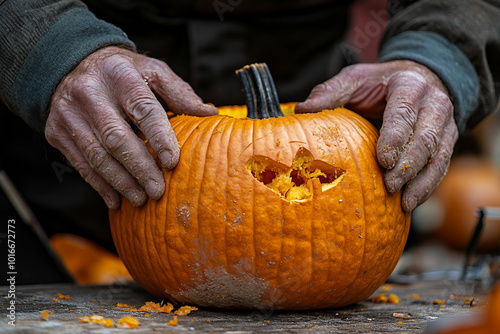 Generative AI photo of funny halloween pumpkins outdoors horror autumn night decor photo