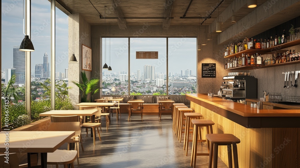 Fototapeta premium Beige and wood cafe with central bar island, stools, and dining tables. Cozy eating area with large window showcasing Bangkok's skyline. 3D rendering.