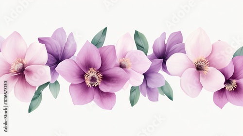 Delicate watercolor columbines in soft pinks and purples, arranged gently on a light gray background, seamless design