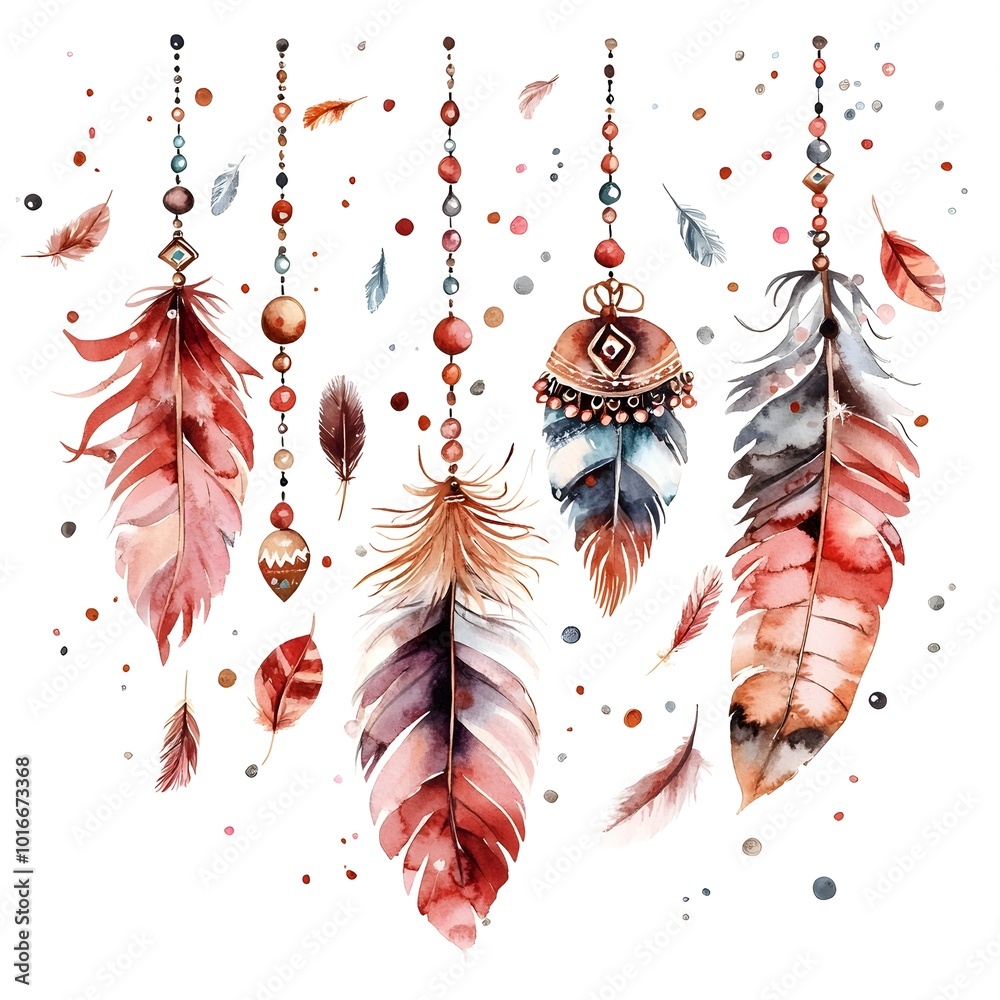 Obraz premium Boho Christmas feather and bead banner clipart with warm watercolor Featuring a decorative design of natural elements like feathers and beads in earthy
