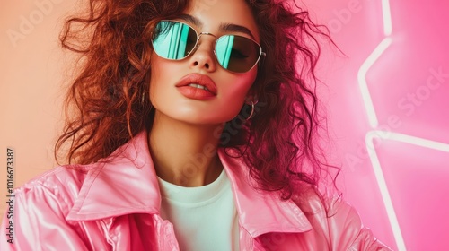 A chic woman with wavy hair and reflective sunglasses sports a pink jacket, embodying a lively, fashionable look that's fresh and invigorating to the viewer.