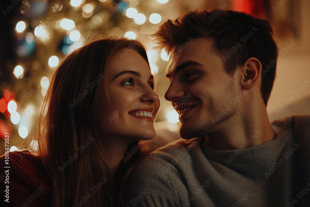 Generative AI image of mother father child couple family together by decorated Christmas tree holiday celebration themes Generative AI image of mother father child couple family together by decorated Christmas tree holiday celebration themes